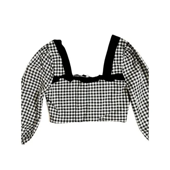 BCBGeneration Crop Top Ruffled Gingham Black White Blouse Top Shirt Sz M NWT - Picture 8 of 12